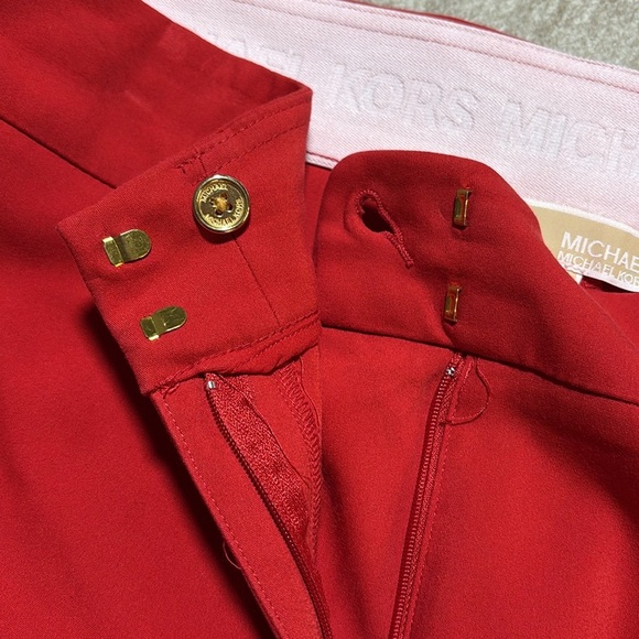 14 MK Red Cropped Michael Kors Pants gold Flat front smooth sleek - Picture 4 of 5